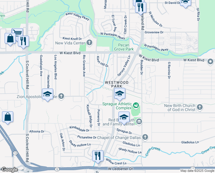 map of restaurants, bars, coffee shops, grocery stores, and more near 3516 Kiest Crest Drive in Dallas
