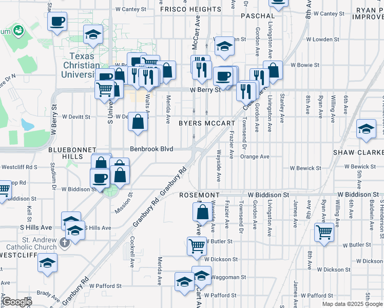 map of restaurants, bars, coffee shops, grocery stores, and more near 3301 Granbury Road in Fort Worth