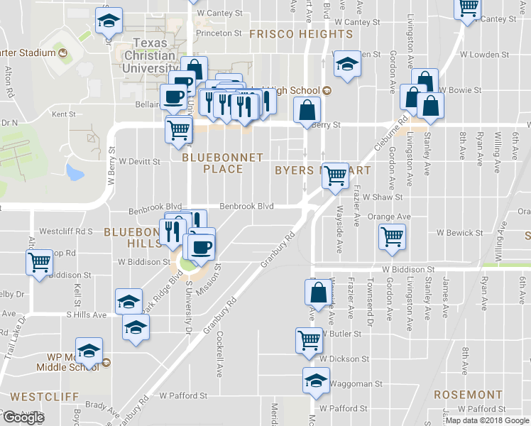 map of restaurants, bars, coffee shops, grocery stores, and more near 2709 Benbrook Boulevard in Fort Worth