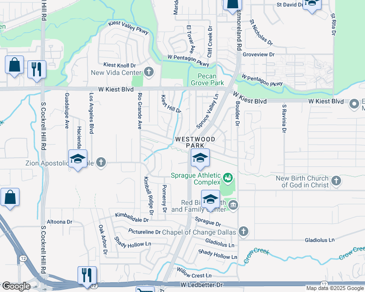 map of restaurants, bars, coffee shops, grocery stores, and more near 3516 Kiest Crest Drive in Dallas