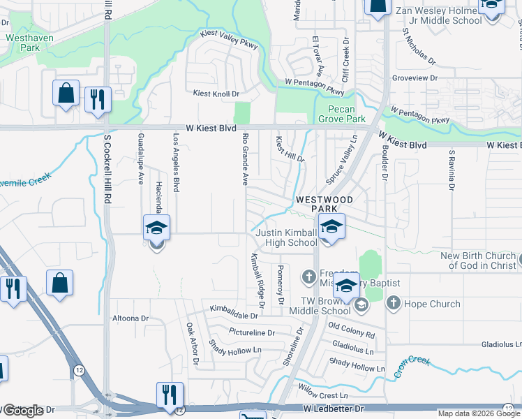 map of restaurants, bars, coffee shops, grocery stores, and more near 3516 Rio Grande Circle in Dallas