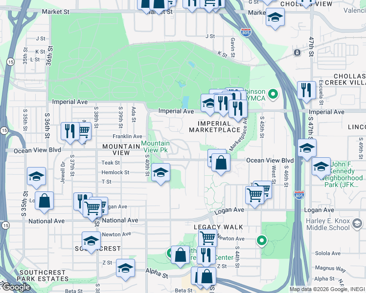 map of restaurants, bars, coffee shops, grocery stores, and more near 4172 Franklin Avenue in San Diego