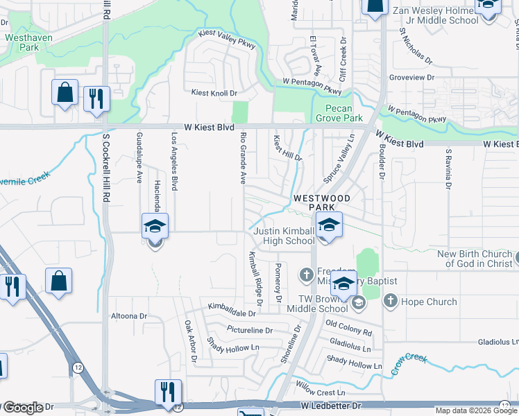 map of restaurants, bars, coffee shops, grocery stores, and more near 3516 Rio Grande Circle in Dallas