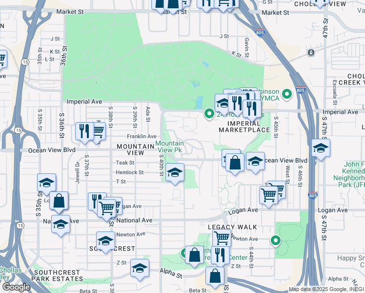 map of restaurants, bars, coffee shops, grocery stores, and more near 431 Cuyamaca Avenue in San Diego
