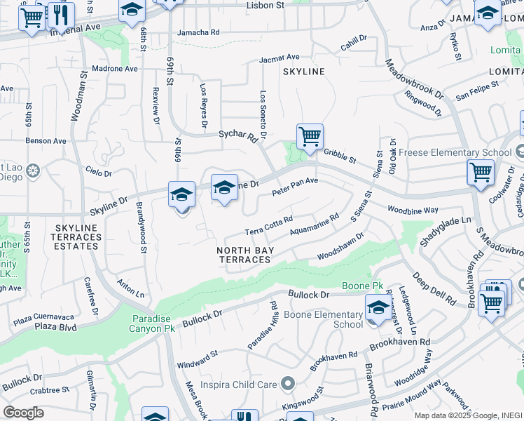 map of restaurants, bars, coffee shops, grocery stores, and more near 7133 Peter Pan Avenue in San Diego