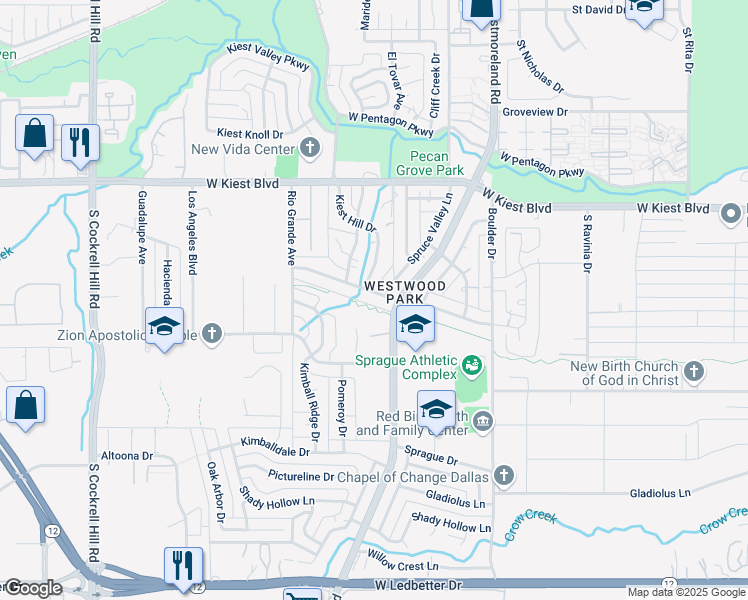map of restaurants, bars, coffee shops, grocery stores, and more near 3516 Kiest Crest Drive in Dallas