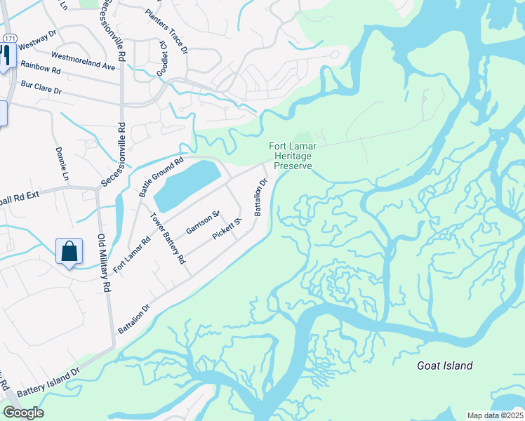 map of restaurants, bars, coffee shops, grocery stores, and more near 1720 Battalion Drive in Charleston