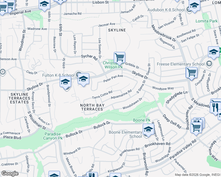 map of restaurants, bars, coffee shops, grocery stores, and more near 90 Danawoods Lane in San Diego