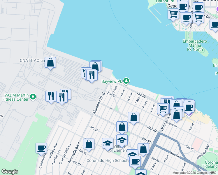 map of restaurants, bars, coffee shops, grocery stores, and more near 149 Alameda Boulevard in Coronado