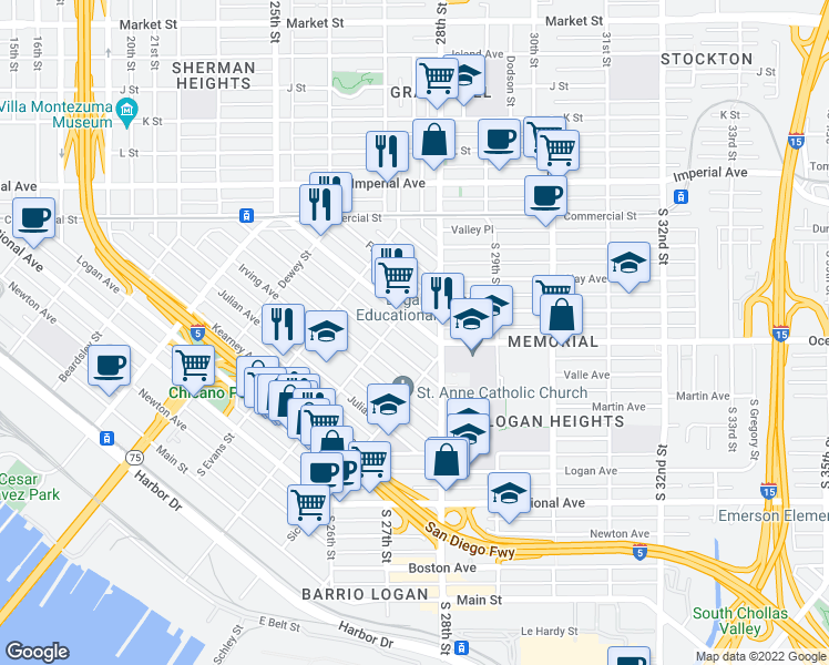 map of restaurants, bars, coffee shops, grocery stores, and more near 2237 Ocean View Boulevard in San Diego