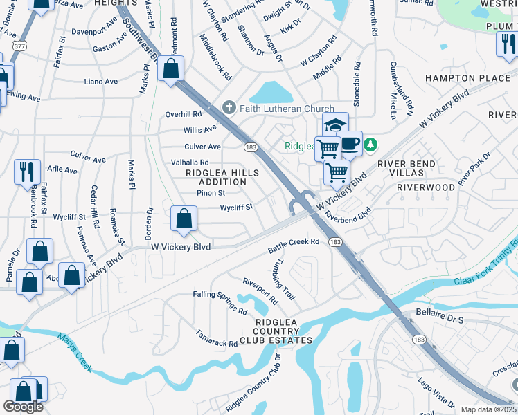 map of restaurants, bars, coffee shops, grocery stores, and more near 6820 Treehaven Road in Fort Worth