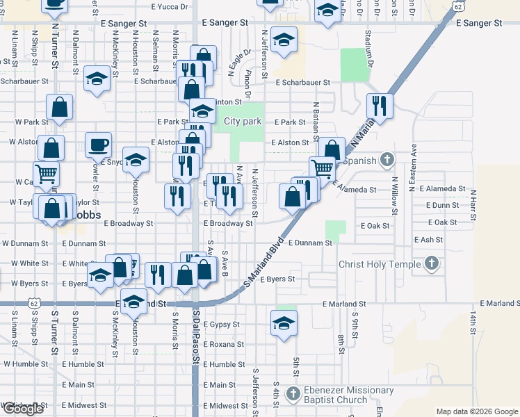 map of restaurants, bars, coffee shops, grocery stores, and more near 108 North Jefferson Street in Hobbs