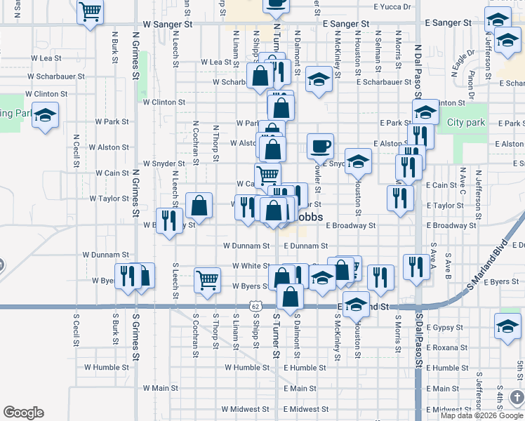 map of restaurants, bars, coffee shops, grocery stores, and more near 119 E Taylor St in Hobbs