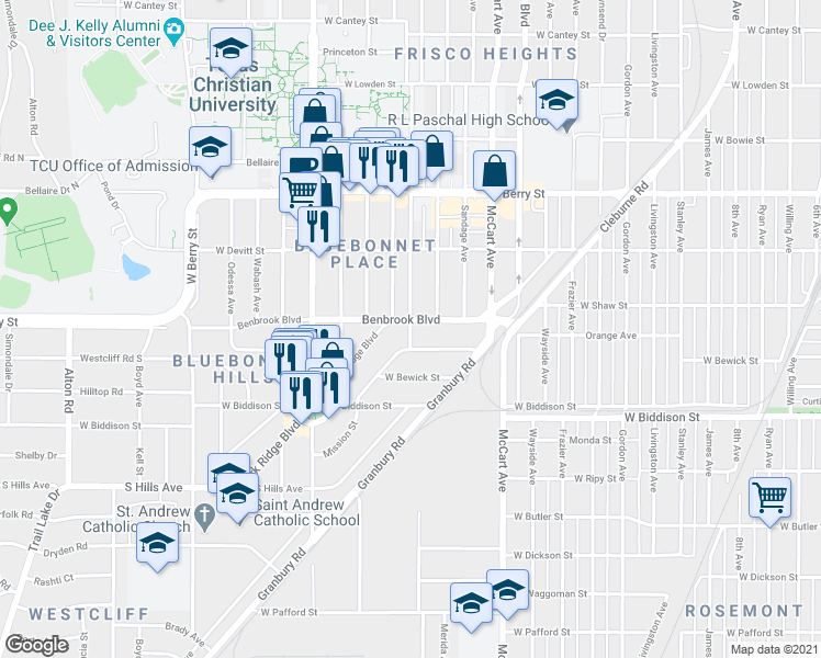 map of restaurants, bars, coffee shops, grocery stores, and more near 3333 Lubbock Avenue in Fort Worth