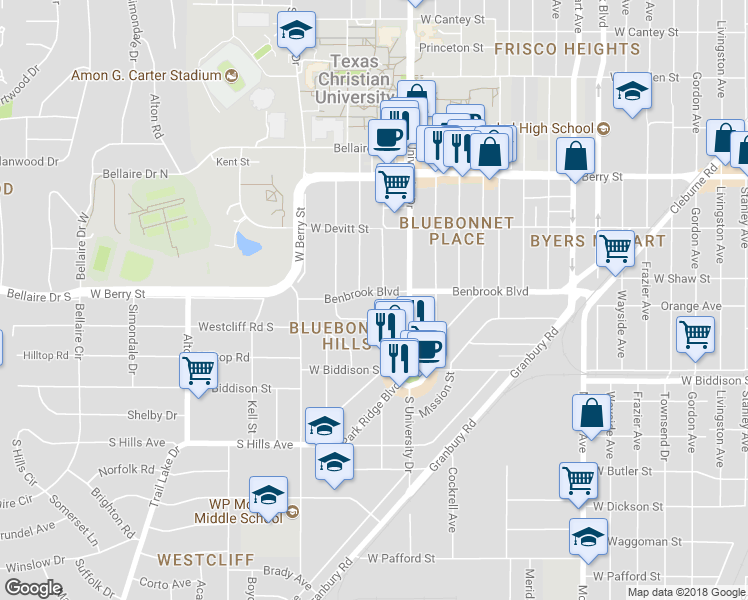 map of restaurants, bars, coffee shops, grocery stores, and more near 3304 Rogers Avenue in Fort Worth
