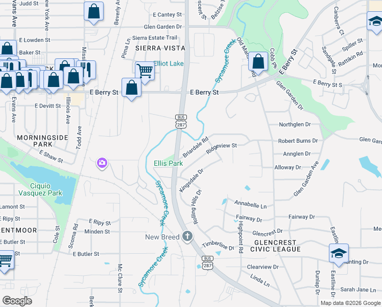 map of restaurants, bars, coffee shops, grocery stores, and more near 2120 Briardale Road in Fort Worth