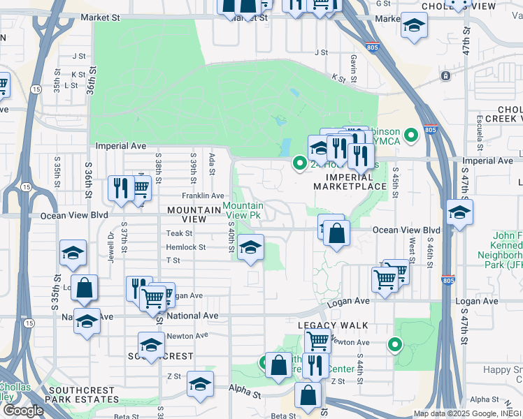 map of restaurants, bars, coffee shops, grocery stores, and more near 431 Cuyamaca Avenue in San Diego