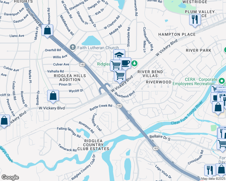 map of restaurants, bars, coffee shops, grocery stores, and more near W Vickery Blvd & Southwest Blvd in Fort Worth