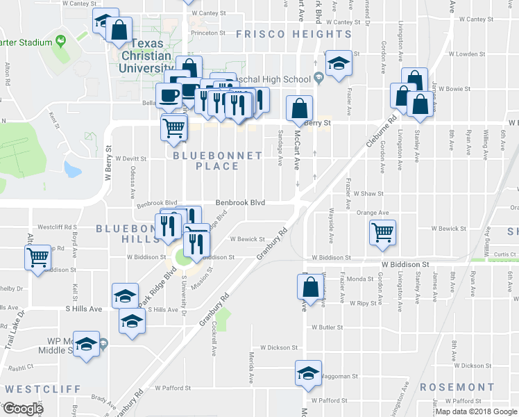 map of restaurants, bars, coffee shops, grocery stores, and more near 2709 Benbrook Boulevard in Fort Worth