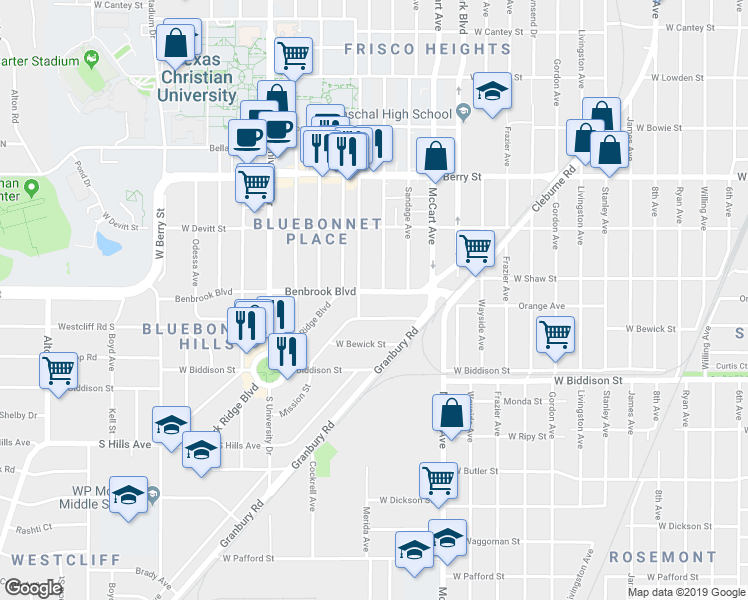 map of restaurants, bars, coffee shops, grocery stores, and more near 2709 Benbrook Boulevard in Fort Worth