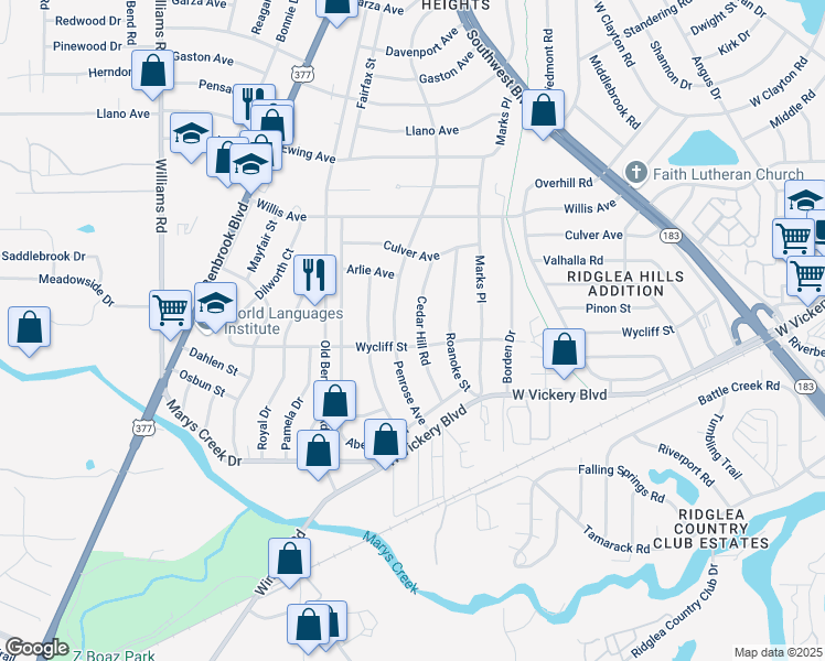 map of restaurants, bars, coffee shops, grocery stores, and more near 4936 Cedar Hill Road in Fort Worth