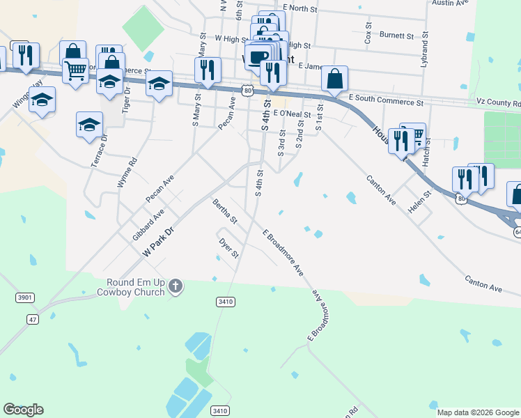 map of restaurants, bars, coffee shops, grocery stores, and more near 711 South 4th Street in Wills Point