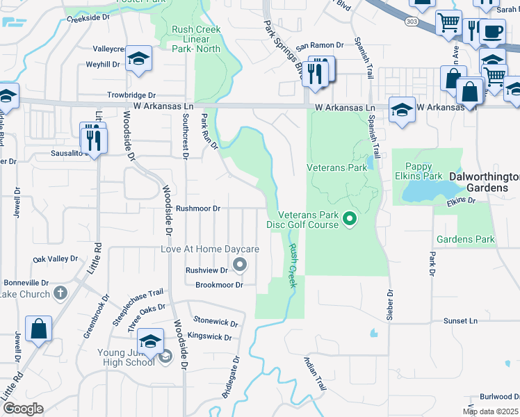 map of restaurants, bars, coffee shops, grocery stores, and more near 4004 Rushmoor Drive in Arlington