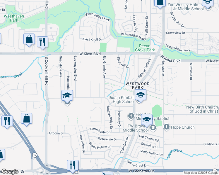 map of restaurants, bars, coffee shops, grocery stores, and more near 3516 Rio Grande Circle in Dallas