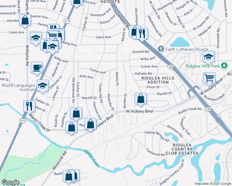 map of restaurants, bars, coffee shops, grocery stores, and more near 4928 Marks Place in Fort Worth