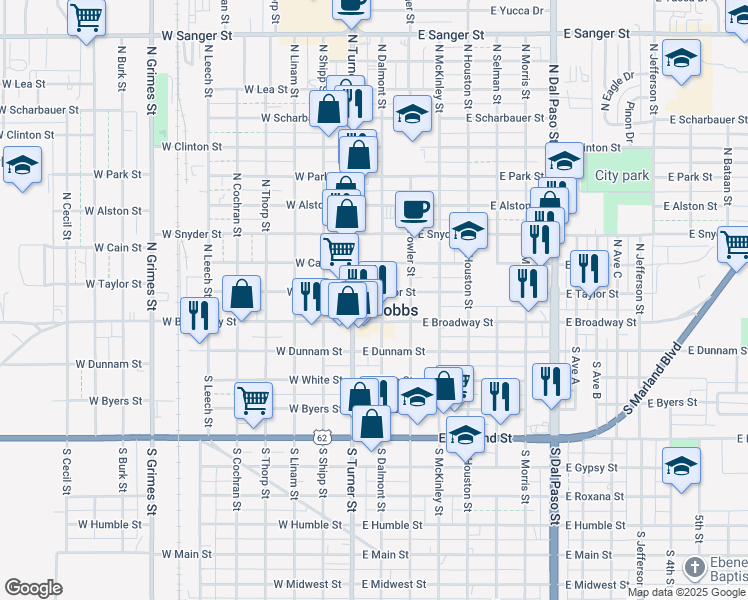 map of restaurants, bars, coffee shops, grocery stores, and more near 115 E Taylor St in Hobbs