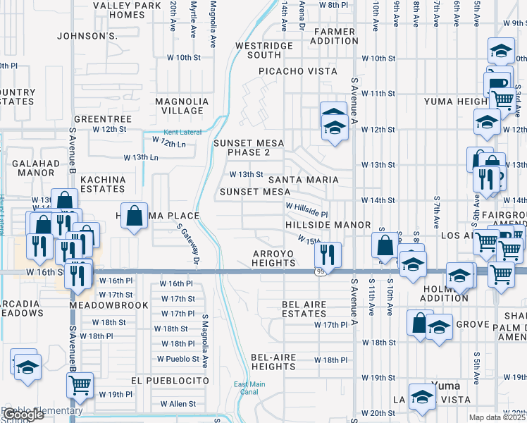 map of restaurants, bars, coffee shops, grocery stores, and more near 1466 West Las Lomas Street in Yuma