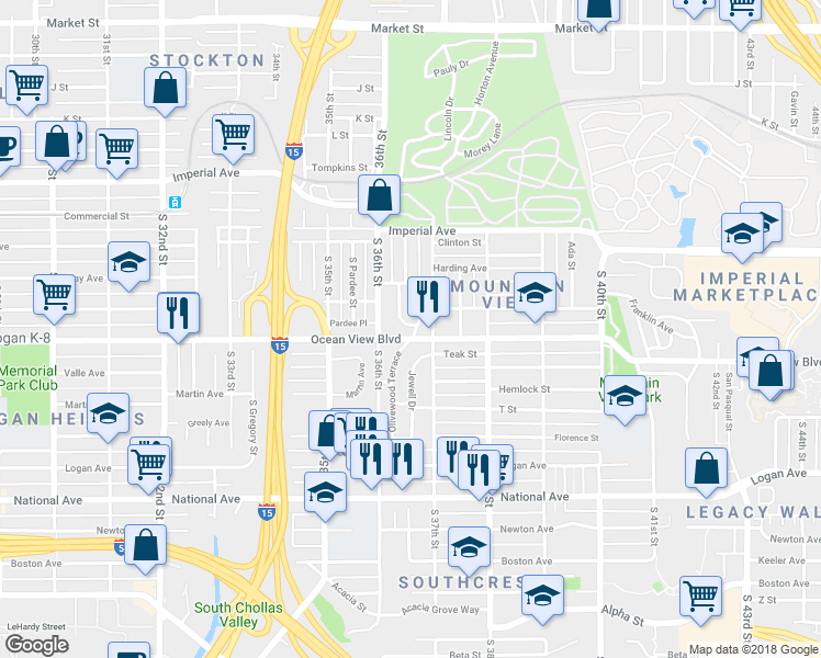 map of restaurants, bars, coffee shops, grocery stores, and more near 446 Olivewood Terrace in San Diego