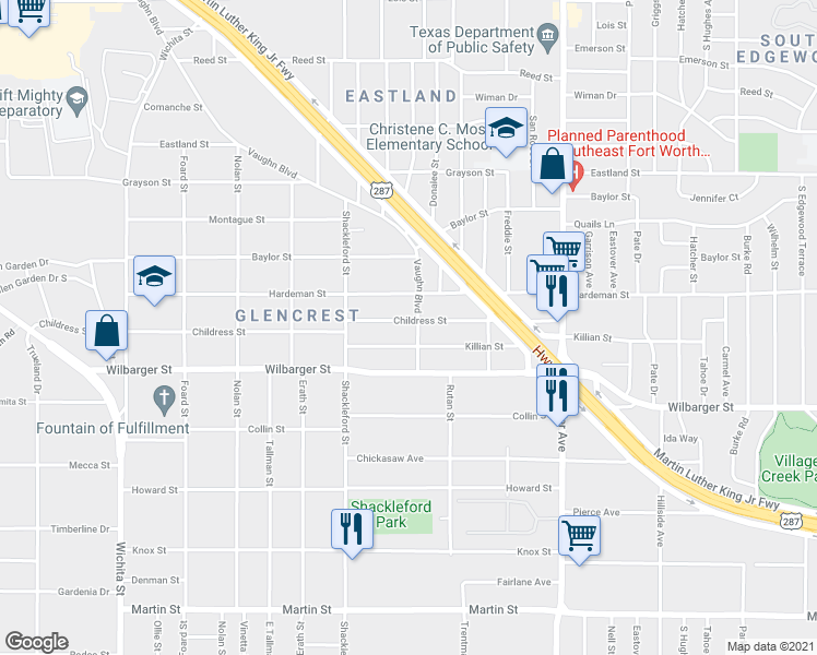 map of restaurants, bars, coffee shops, grocery stores, and more near 3724 Childress Street in Fort Worth