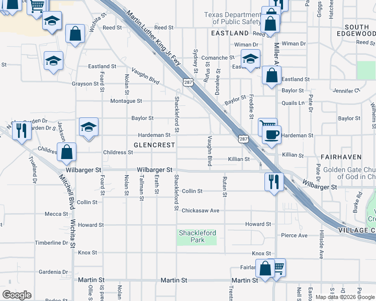 map of restaurants, bars, coffee shops, grocery stores, and more near 3620 Childress Street in Fort Worth