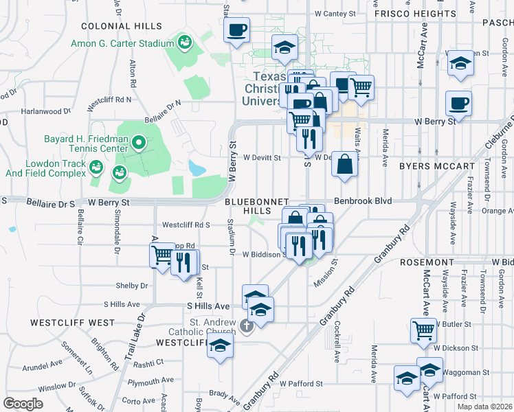 map of restaurants, bars, coffee shops, grocery stores, and more near in Fort Worth