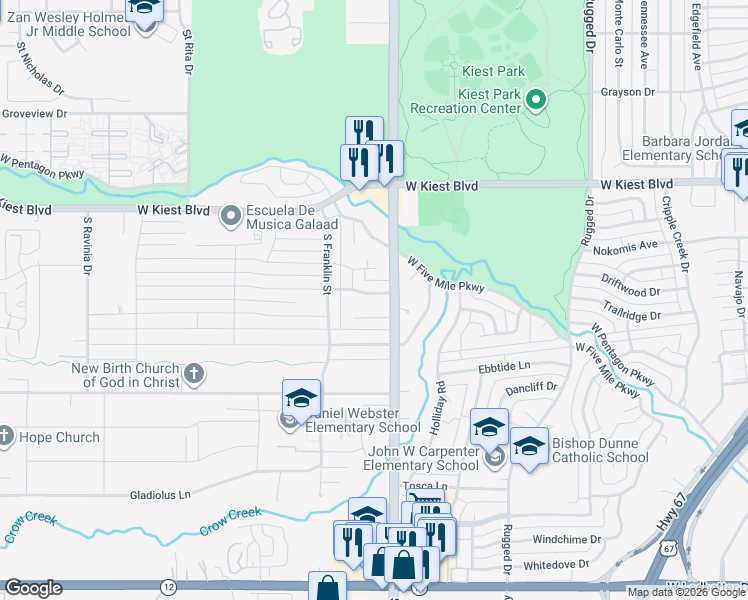 map of restaurants, bars, coffee shops, grocery stores, and more near 2418 Bonnywood Lane in Dallas