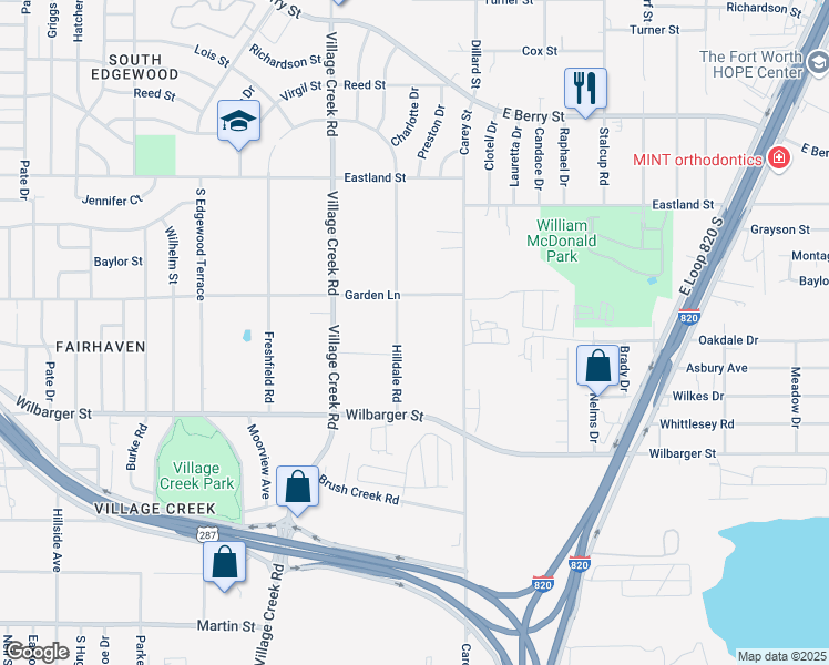 map of restaurants, bars, coffee shops, grocery stores, and more near 4229 Hilldale Road in Fort Worth