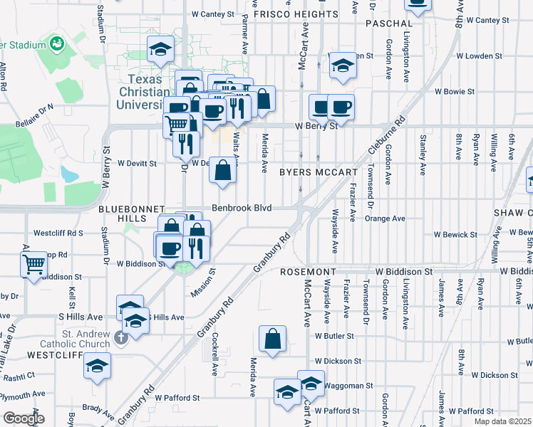 map of restaurants, bars, coffee shops, grocery stores, and more near 2621 Benbrook Boulevard in Fort Worth