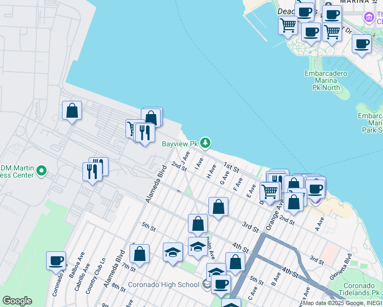 map of restaurants, bars, coffee shops, grocery stores, and more near 121 J Avenue in Coronado