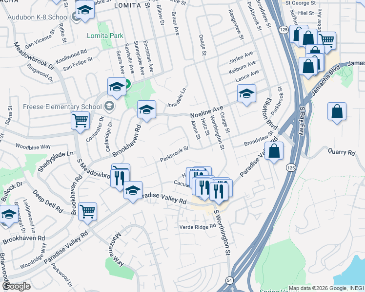 map of restaurants, bars, coffee shops, grocery stores, and more near 8564 Parkbrook Street in San Diego