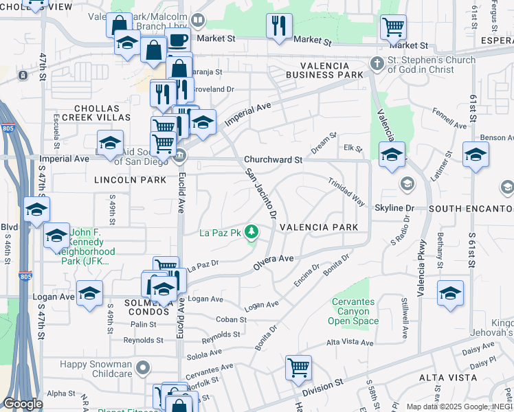 map of restaurants, bars, coffee shops, grocery stores, and more near 5269 Velma Terrace in San Diego
