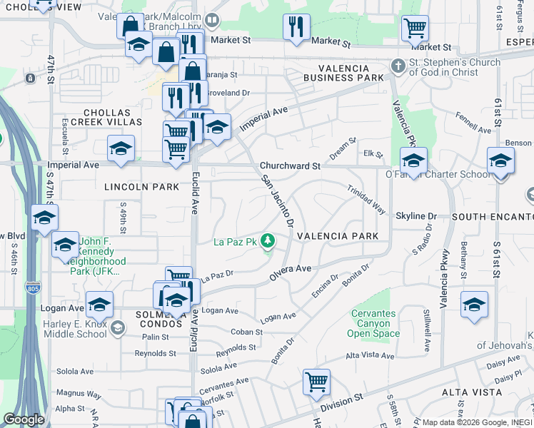 map of restaurants, bars, coffee shops, grocery stores, and more near 5269 Velma Terrace in San Diego
