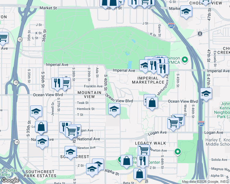map of restaurants, bars, coffee shops, grocery stores, and more near 423 Cuyamaca Avenue in San Diego