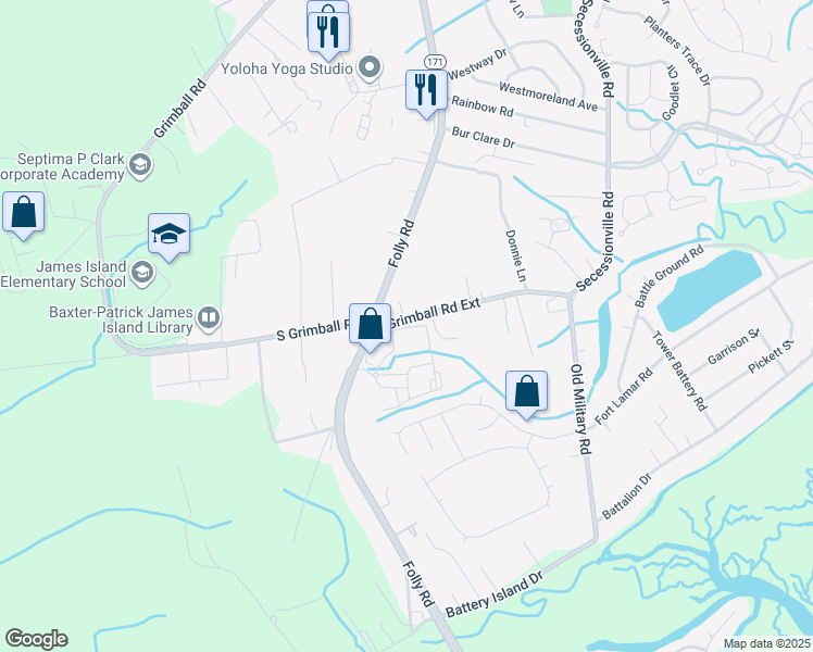 map of restaurants, bars, coffee shops, grocery stores, and more near 1592 Grimball Road Extension in Charleston