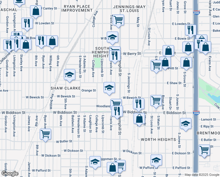 map of restaurants, bars, coffee shops, grocery stores, and more near 801 West Shaw Street in Fort Worth