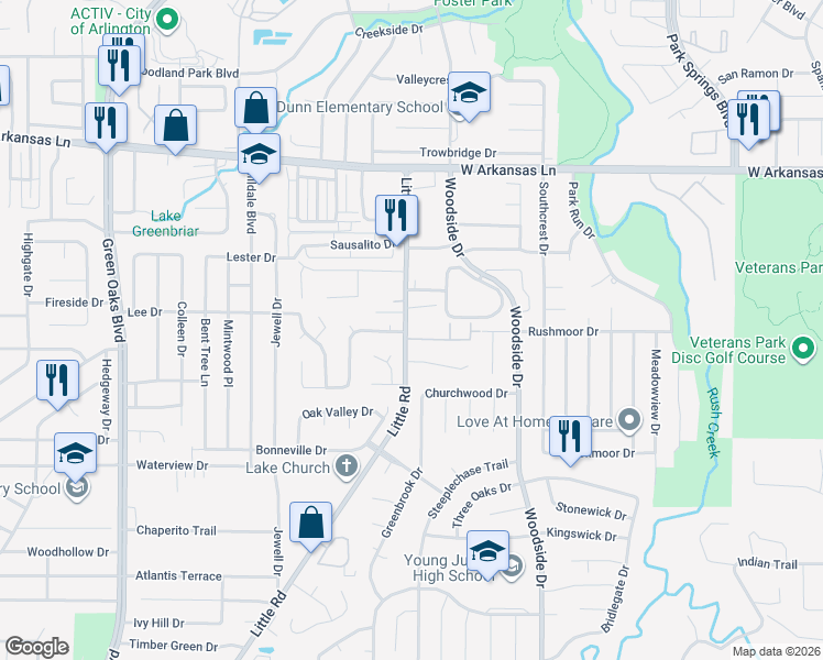 map of restaurants, bars, coffee shops, grocery stores, and more near 4511 Moore's Landing in Arlington