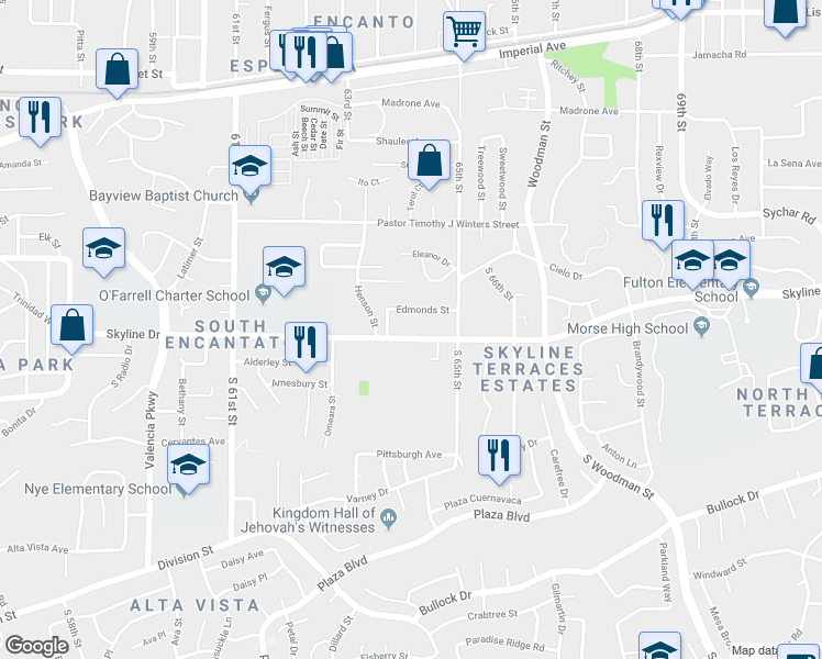 map of restaurants, bars, coffee shops, grocery stores, and more near 6420 Skyline Drive in San Diego