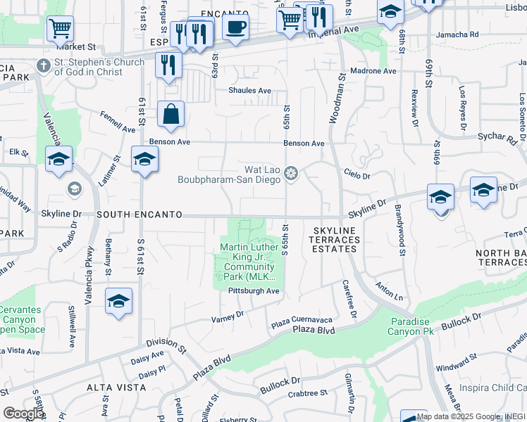 map of restaurants, bars, coffee shops, grocery stores, and more near 6420 Skyline Drive in San Diego