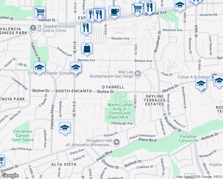 map of restaurants, bars, coffee shops, grocery stores, and more near 6338 Skyline Drive in San Diego
