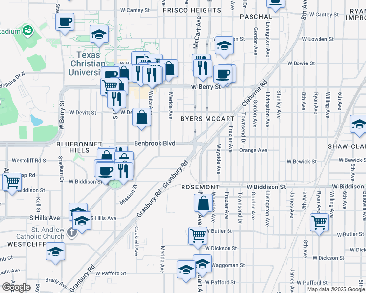 map of restaurants, bars, coffee shops, grocery stores, and more near 2525 Benbrook Boulevard in Fort Worth